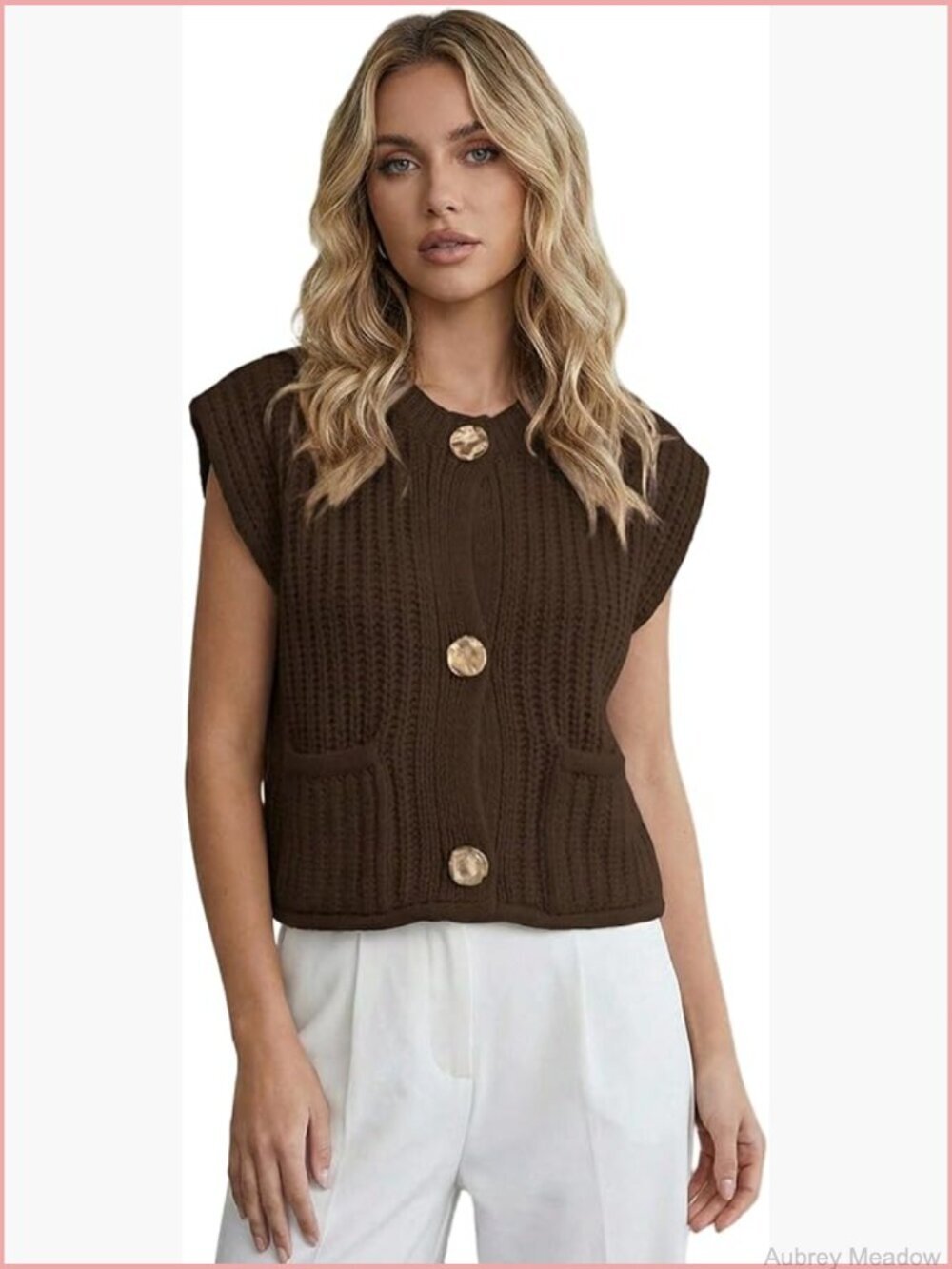 Plus Size Button Up Chunky Knit Sweater Vest Cap Sleeve Cardigan with Pockets